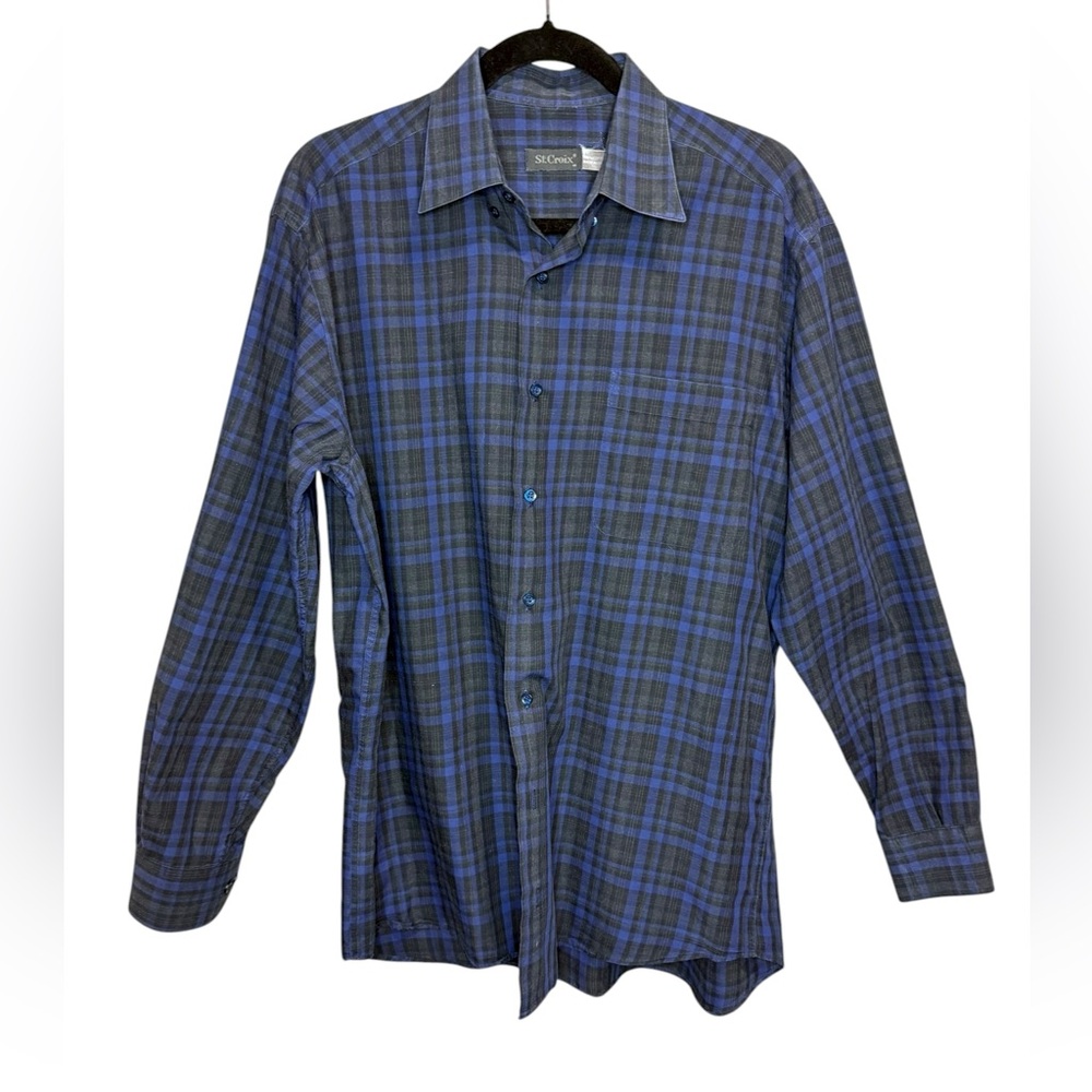 St. Croix Men's Blue‎ and Black Plaid Shirt Size Medium